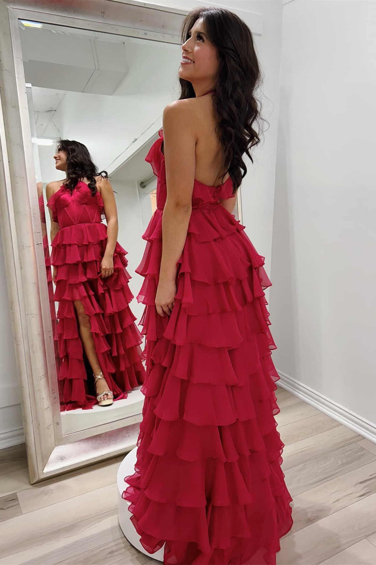 Halter Keyhole Ruffle Tiered Prom Dress with Slit - Prom Dress - DYAVOR®