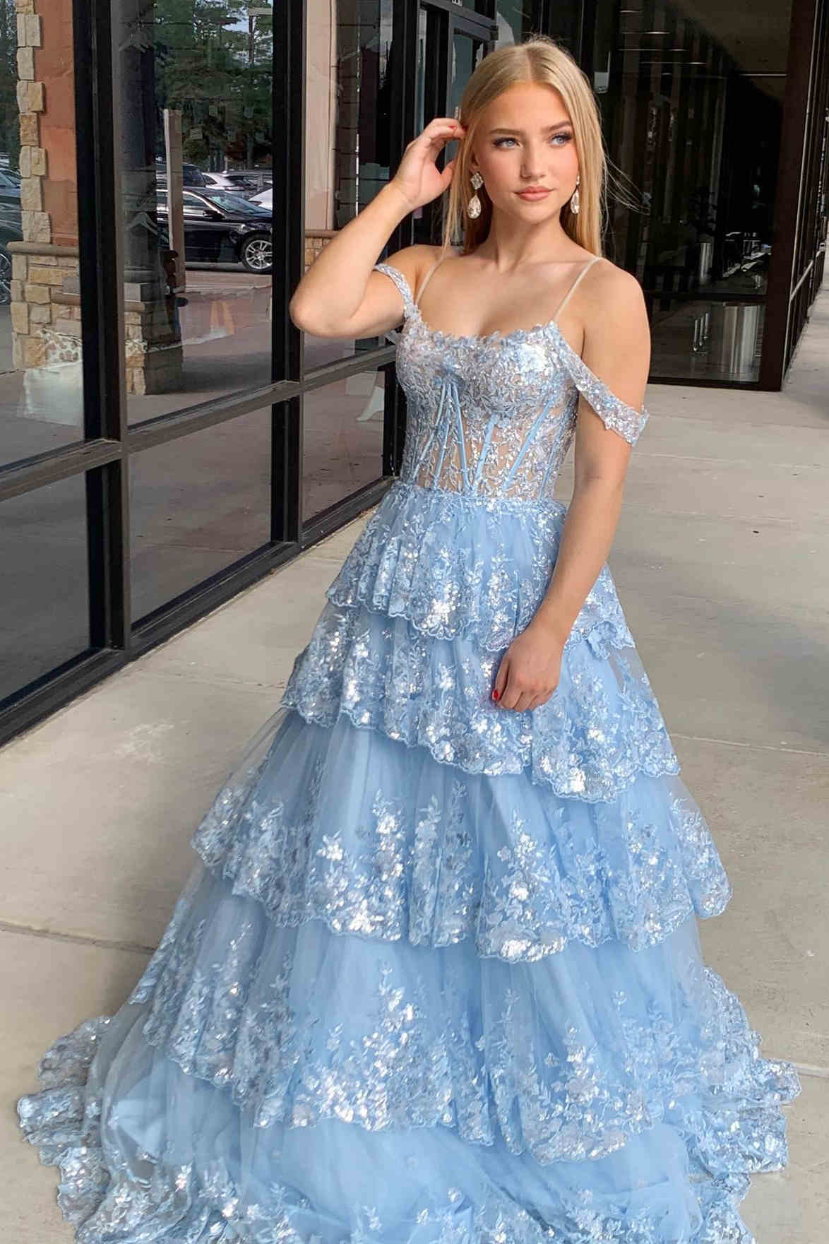 Maureen | Tulle Sequin Cold-Shoulder Ruffle Tiered Long Prom Dress - Prom Dress - DYAVOR®