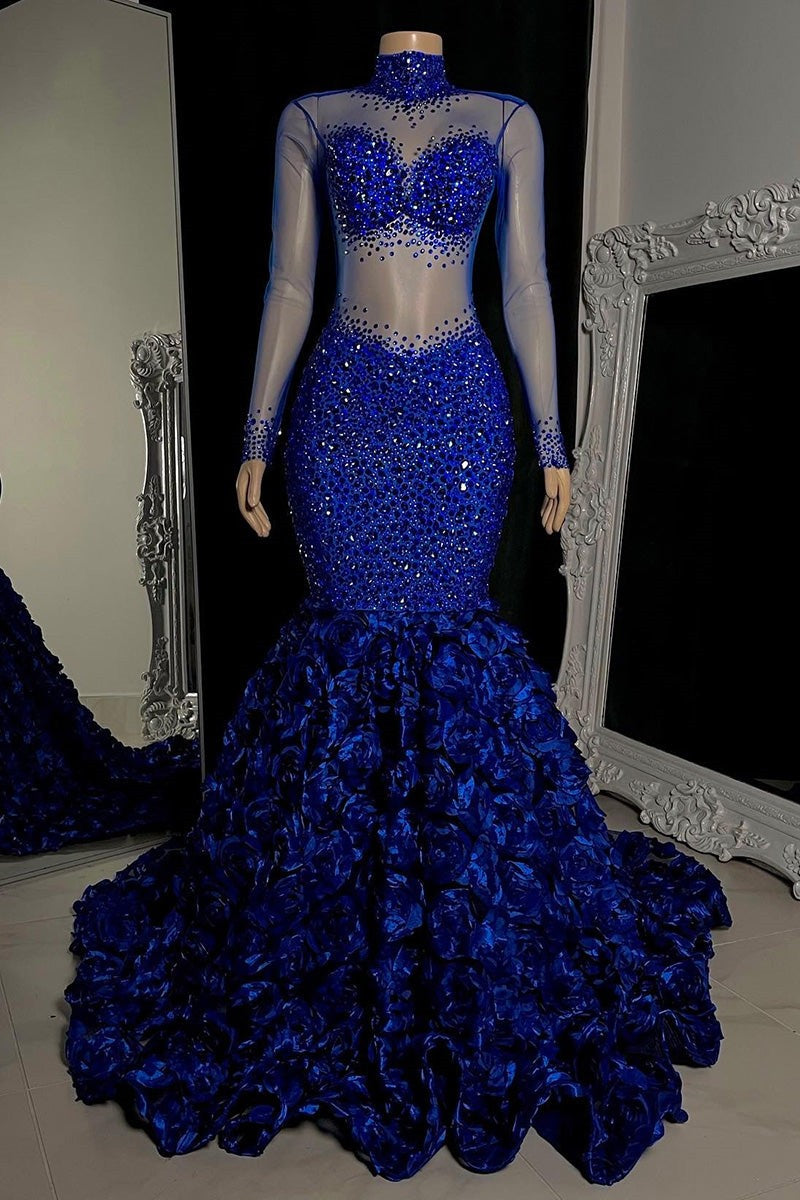 Glamorous Long Mermaid High Neck Flowers Sequined Prom Dress With Long Sleeves - Prom Dresses - DYAVOR®