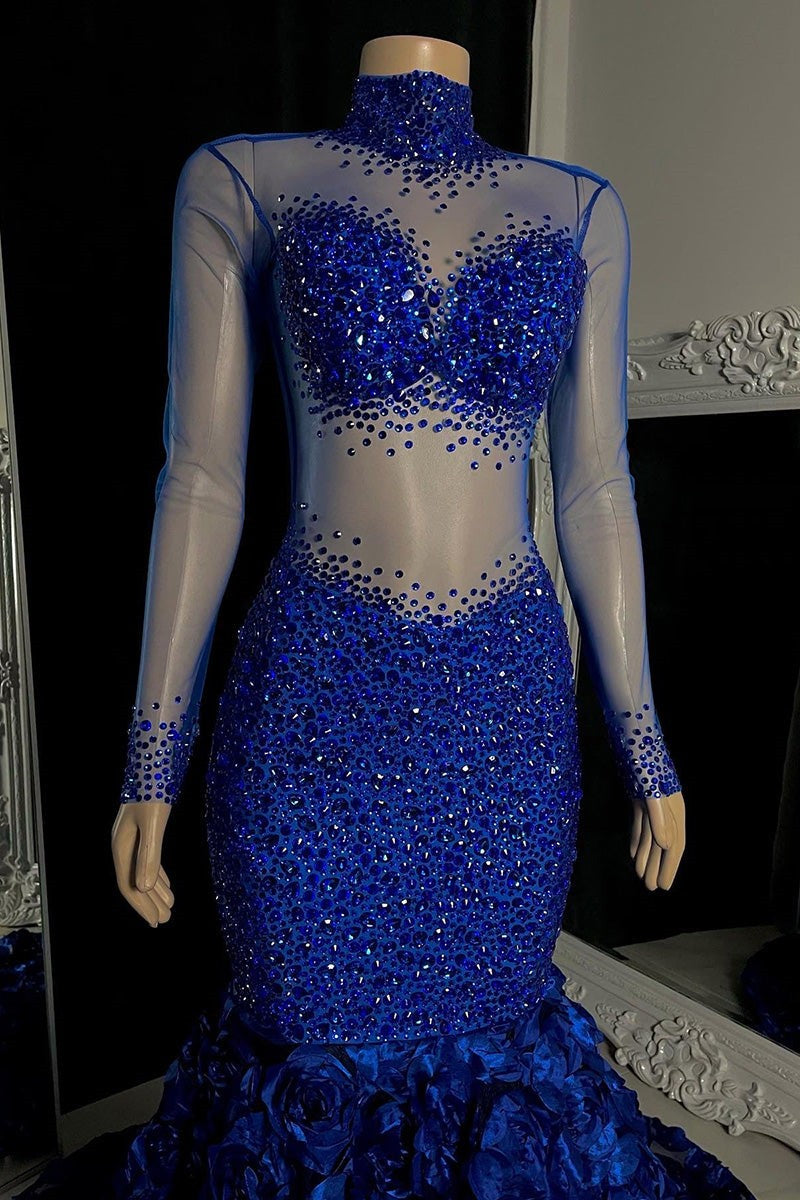Glamorous Long Mermaid High Neck Flowers Sequined Prom Dress With Long Sleeves - Prom Dresses - DYAVOR®