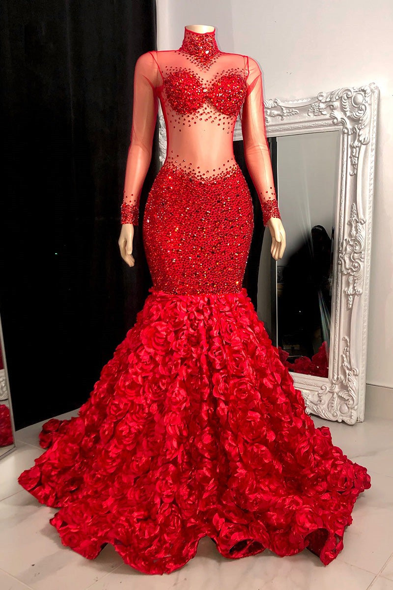 Glamorous Long Mermaid High Neck Flowers Sequined Prom Dress With Long Sleeves - Prom Dresses - DYAVOR®
