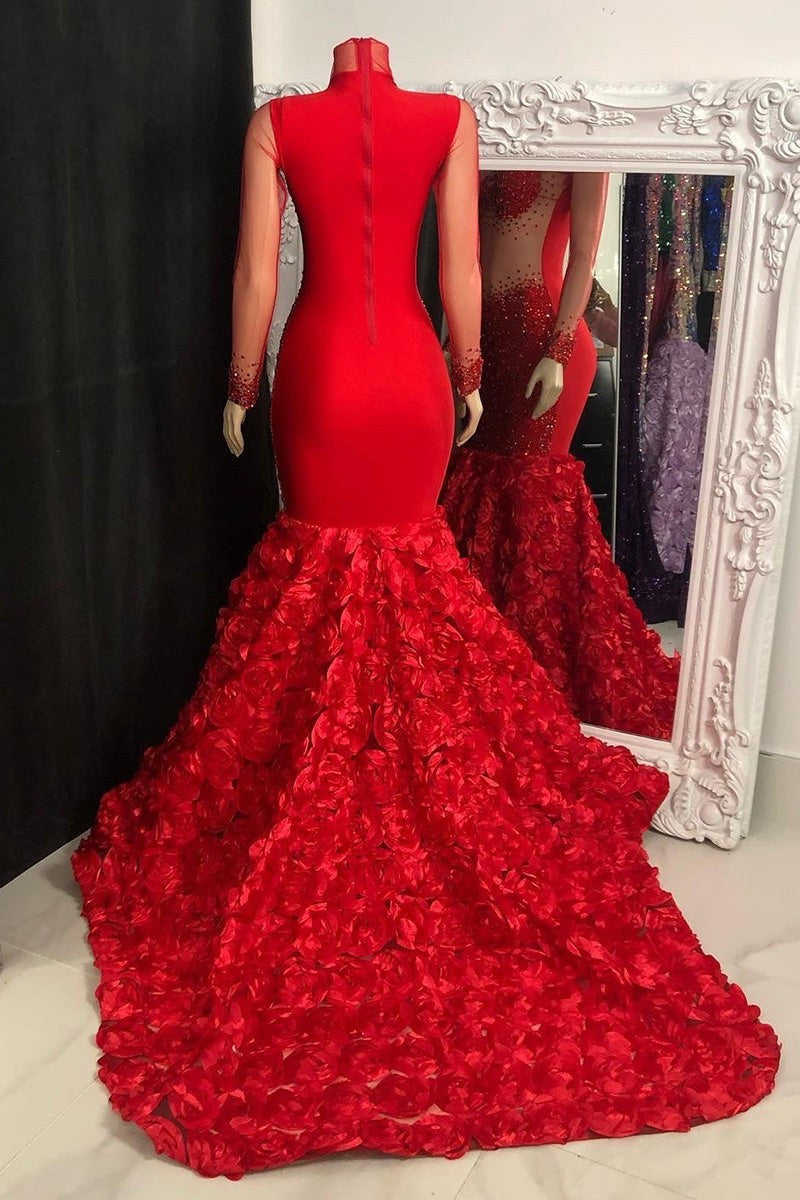 Glamorous Long Mermaid High Neck Flowers Sequined Prom Dress With Long Sleeves - Prom Dresses - DYAVOR®