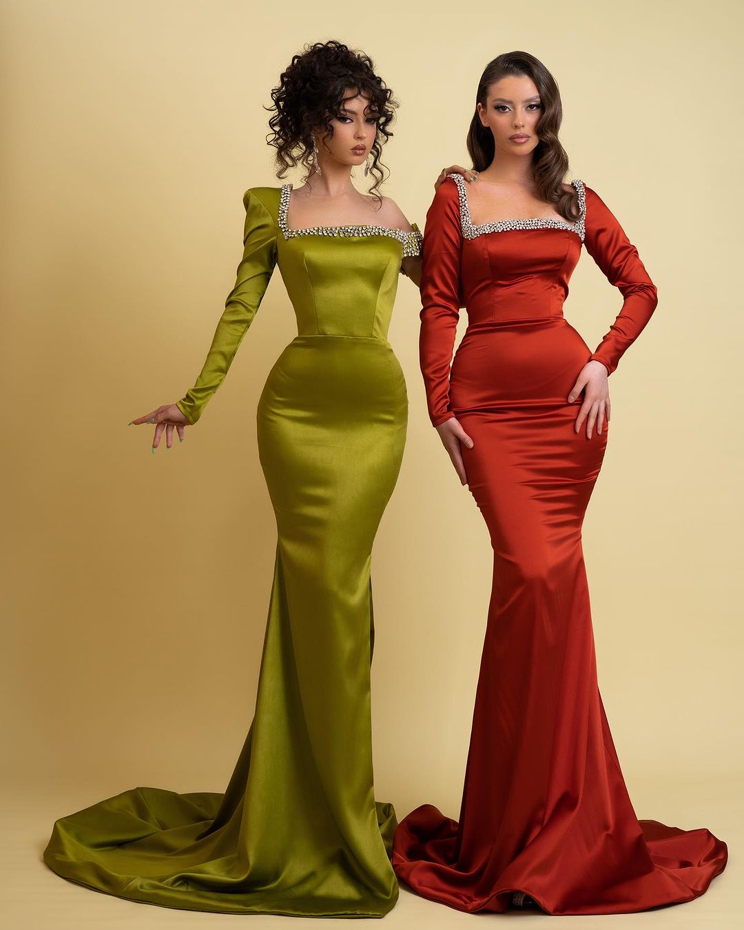 Glamorous Long Mermaid Square Neck Rhinestones Prom Dress With Long Sleeves - Prom Dresses - DYAVOR®