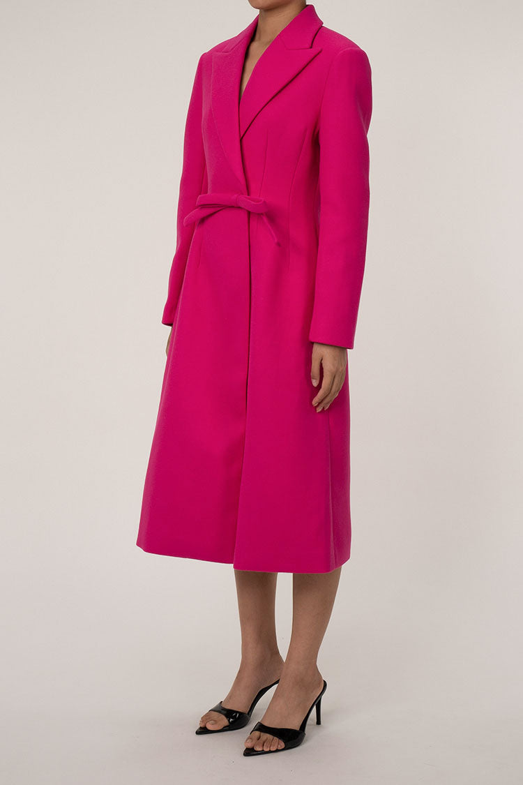 Glamorous Peak Lapel Bow Trim Long Sleeve Cinch Waist Wool Long Coat - Coats - DYAVOR®