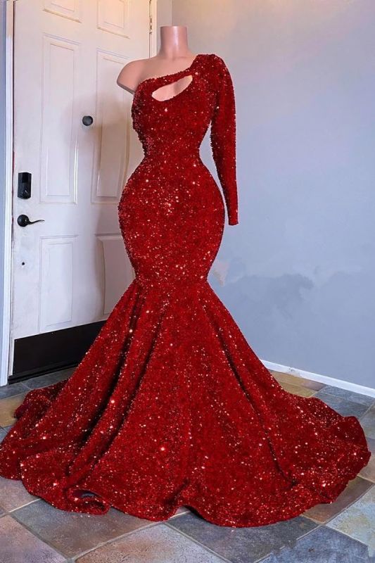 Glamorous Red Long Sleeves One-Shoulder Mermaid Prom Dress Sequins - Prom Dresses - DYAVOR®