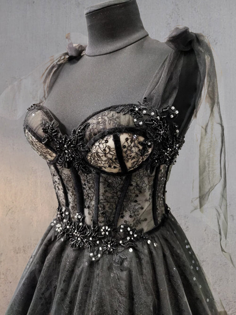 Glitter Lace Tulle Sweetheart Corset Court Black Wedding Dress - Wedding Dresses - DYAVOR®