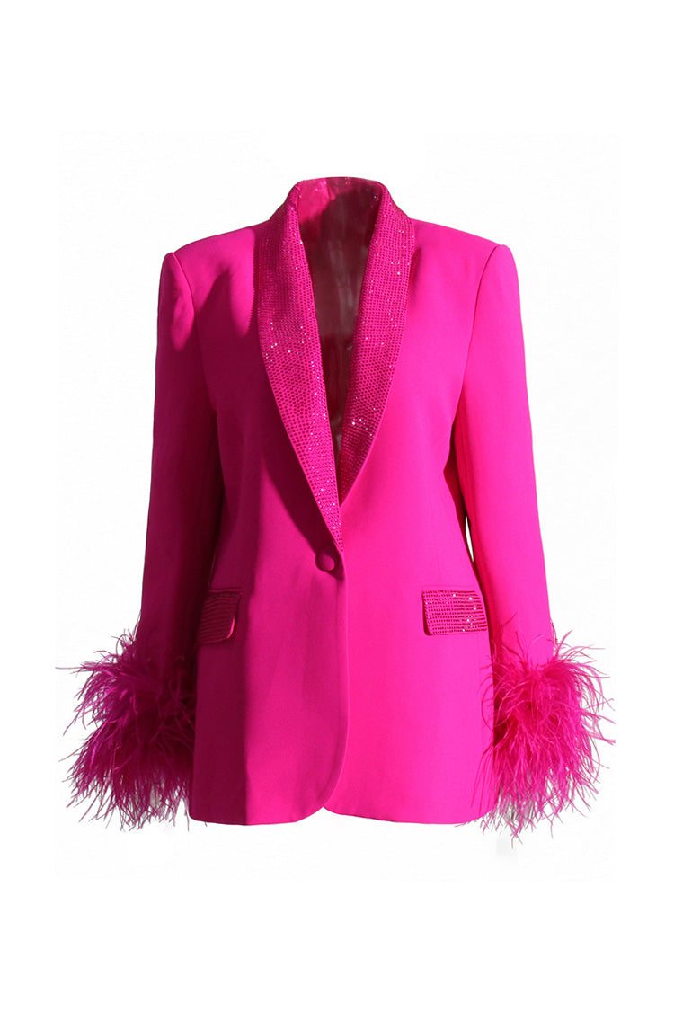Glittering Rhinestone Shawl Collar Feather Trim Cinch Waist Party Blazer - Blazers - DYAVOR®