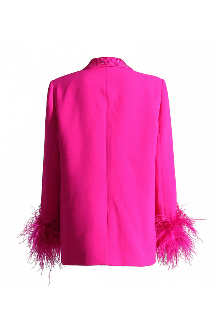 Glittering Rhinestone Shawl Collar Feather Trim Cinch Waist Party Blazer - Blazers - DYAVOR®