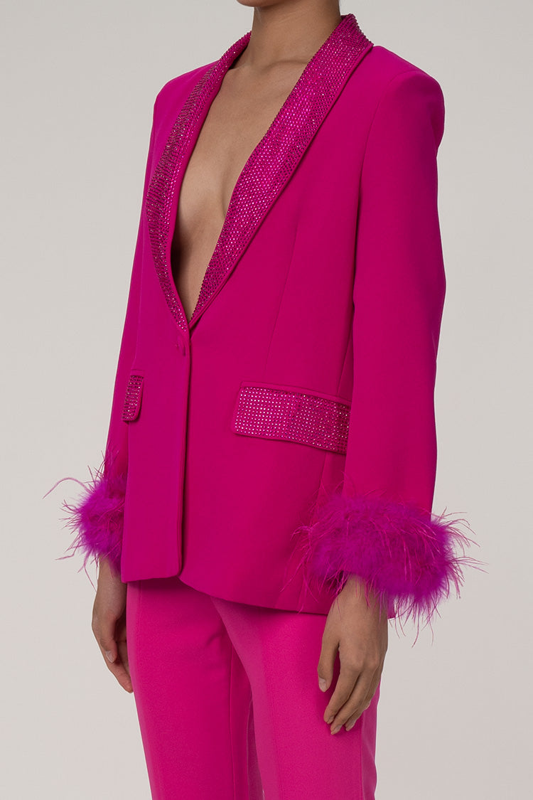Glittering Rhinestone Shawl Collar Feather Trim Cinch Waist Party Blazer - Blazers - DYAVOR®