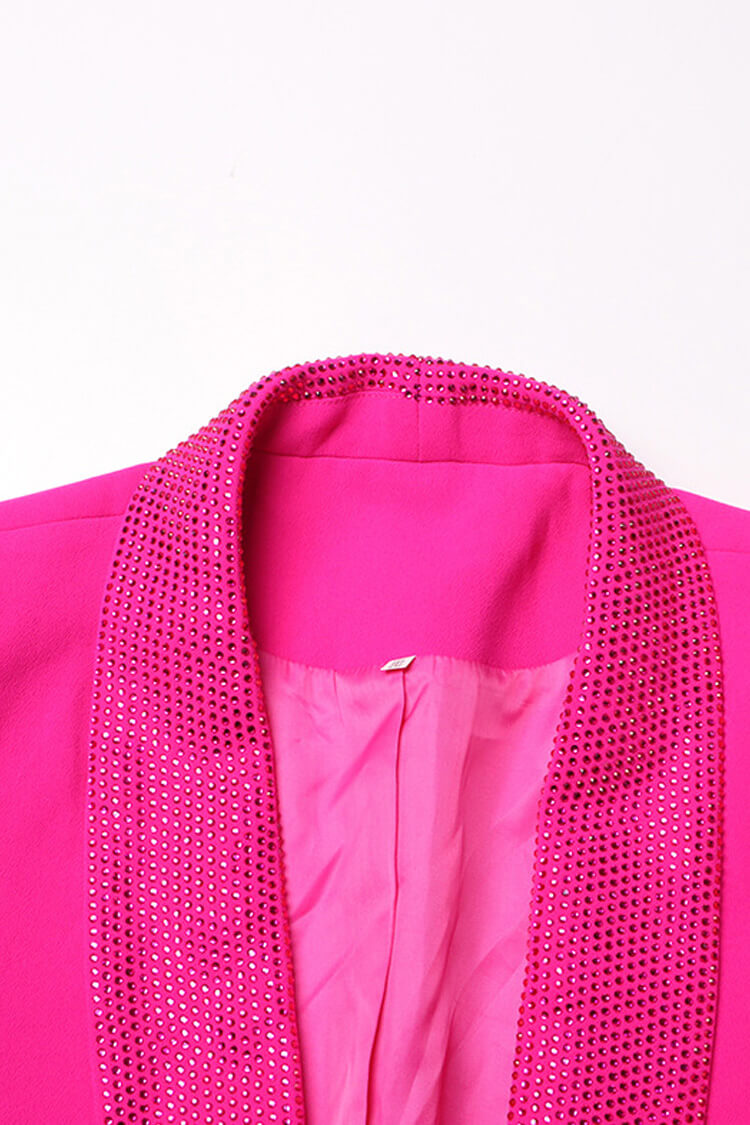 Glittering Rhinestone Shawl Collar Feather Trim Cinch Waist Party Blazer - Blazers - DYAVOR®