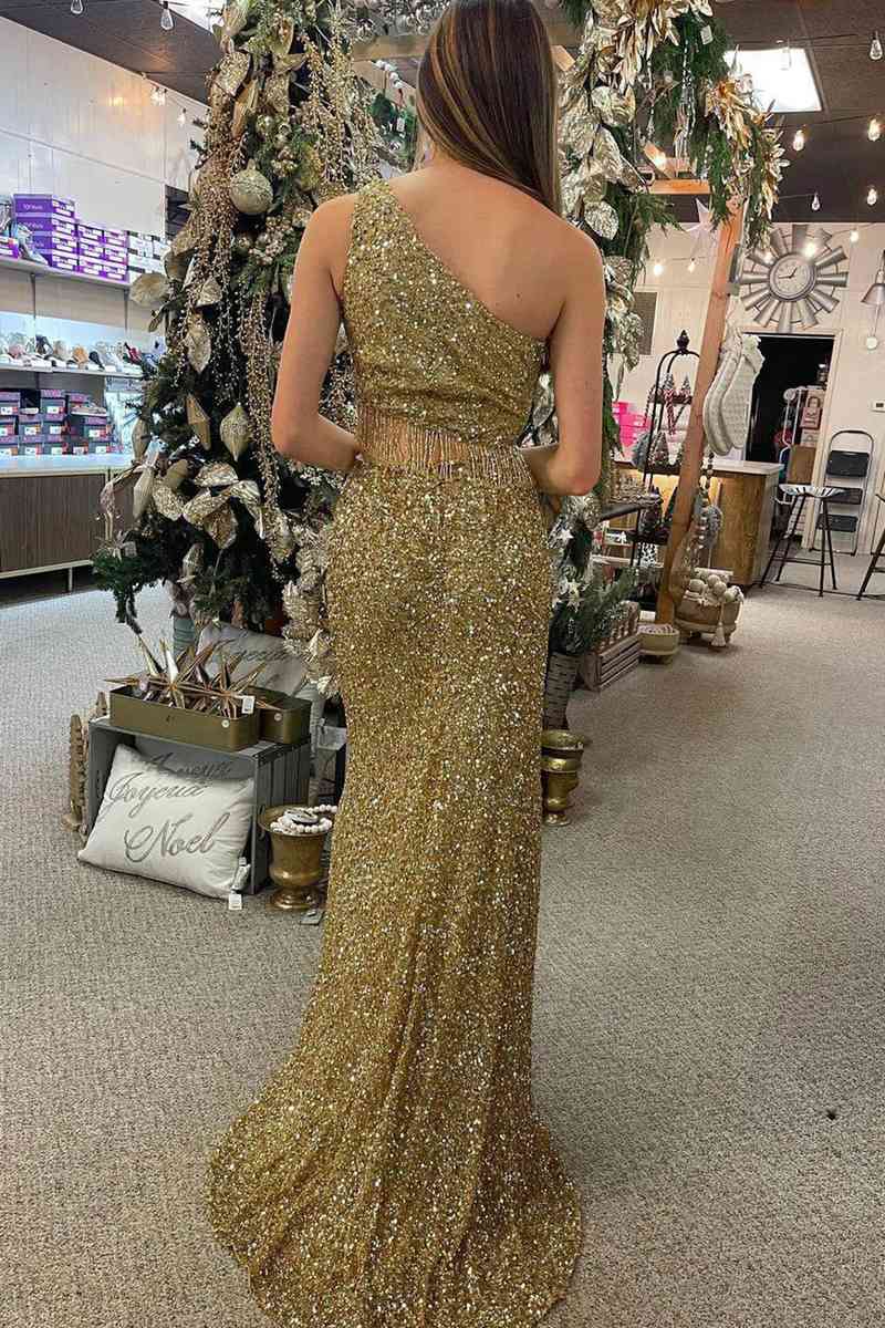 Eileen | Green Two Piece Sequined One Shoulder Long Party Dress with Tassel - Prom Dress - DYAVOR®
