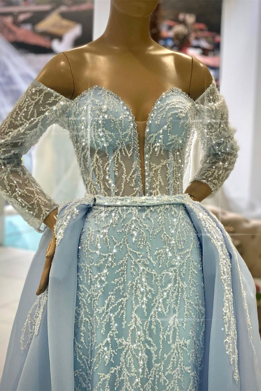 Gorgeous Blue Off-the-shoulder Long Sleeves A-line Beading Prom Dress - Prom Dresses - DYAVOR®