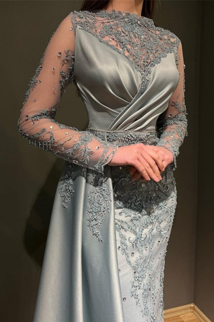 Gorgeous Grey Long Sleeves Jewel Mermaid Stretch Satin Prom Dress with Appliques - Prom Dresses - DYAVOR®