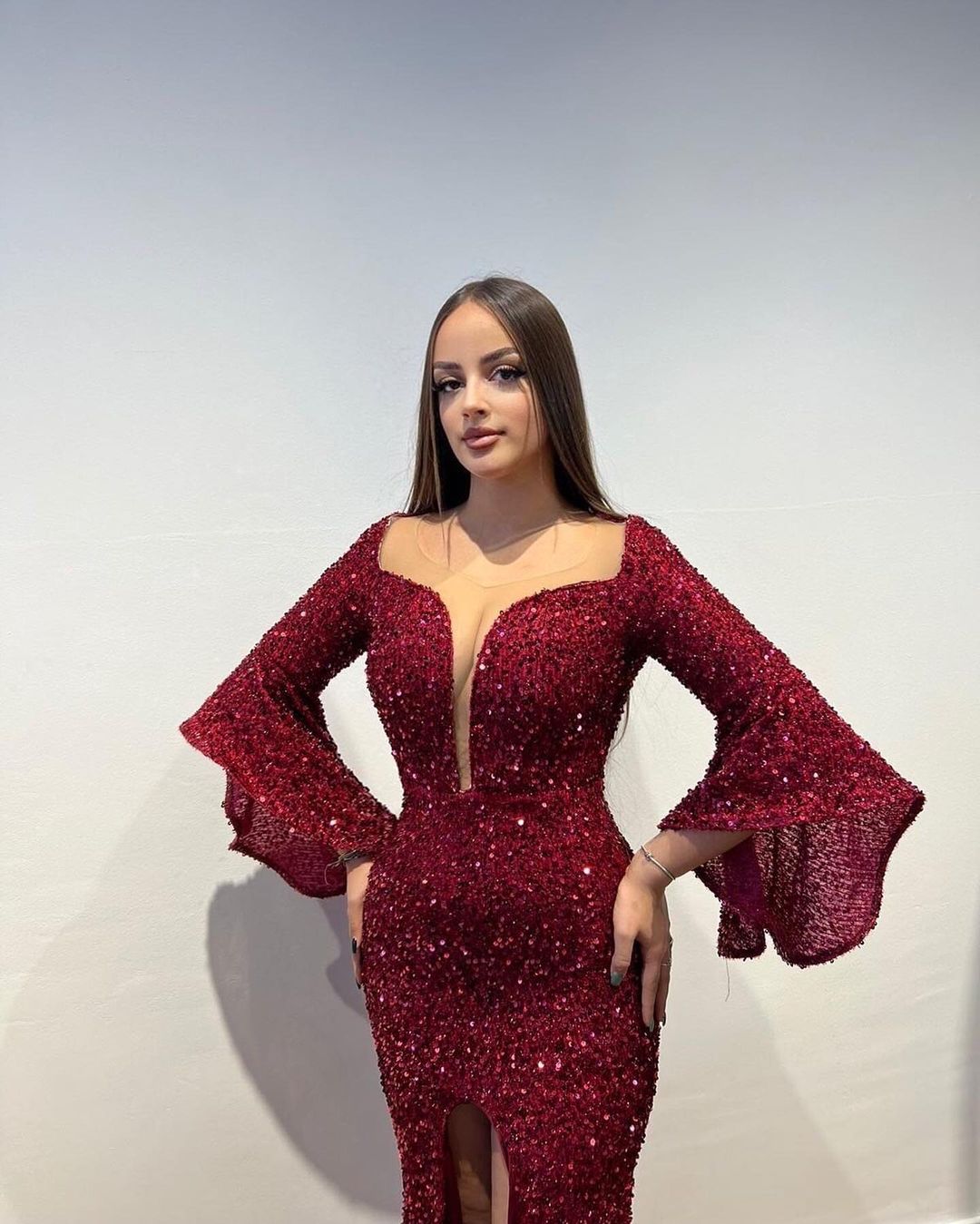 Gorgeous Long Burgundy Sequined Split Front Prom Dress With Long Sleeves - Prom Dresses - DYAVOR®