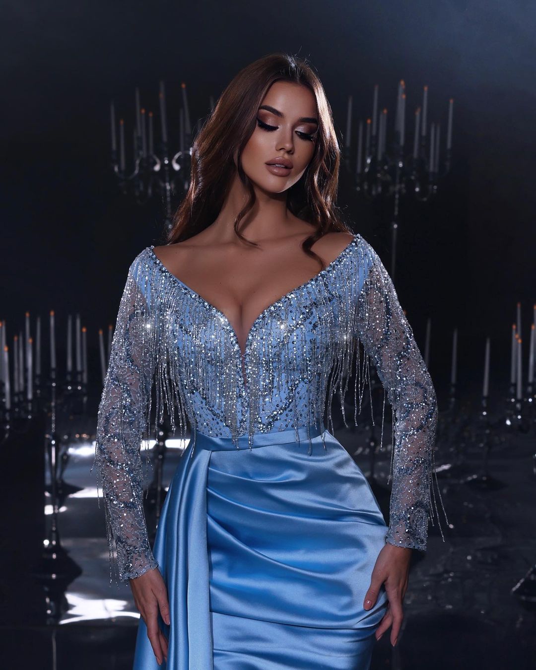 Gorgeous Long Mermaid Blue V-neck Sequined Beading Split Prom Dress With Long Sleeves - Prom Dresses - DYAVOR®