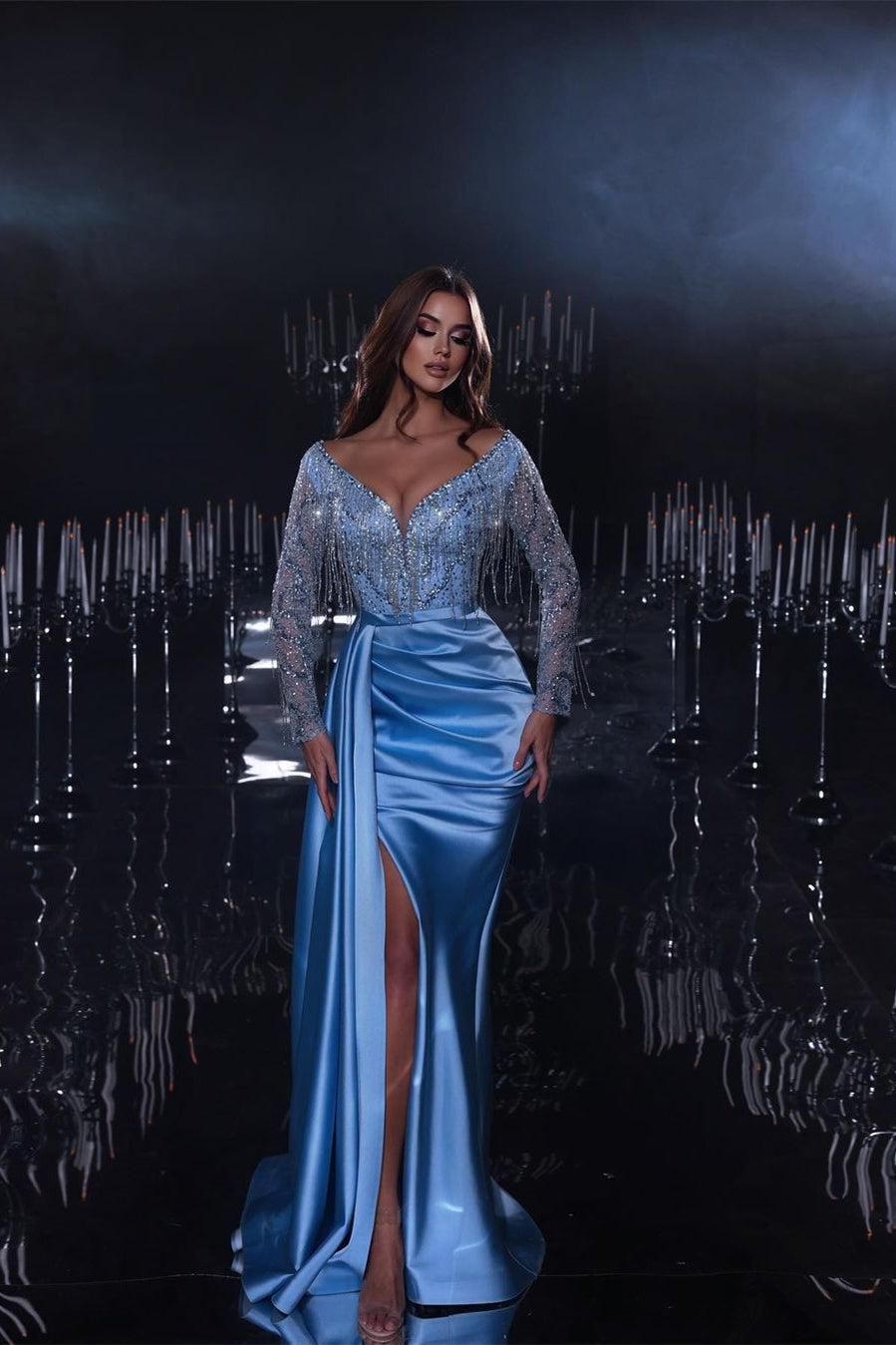 Gorgeous Long Mermaid Blue V-neck Sequined Beading Split Prom Dress With Long Sleeves - Prom Dresses - DYAVOR®