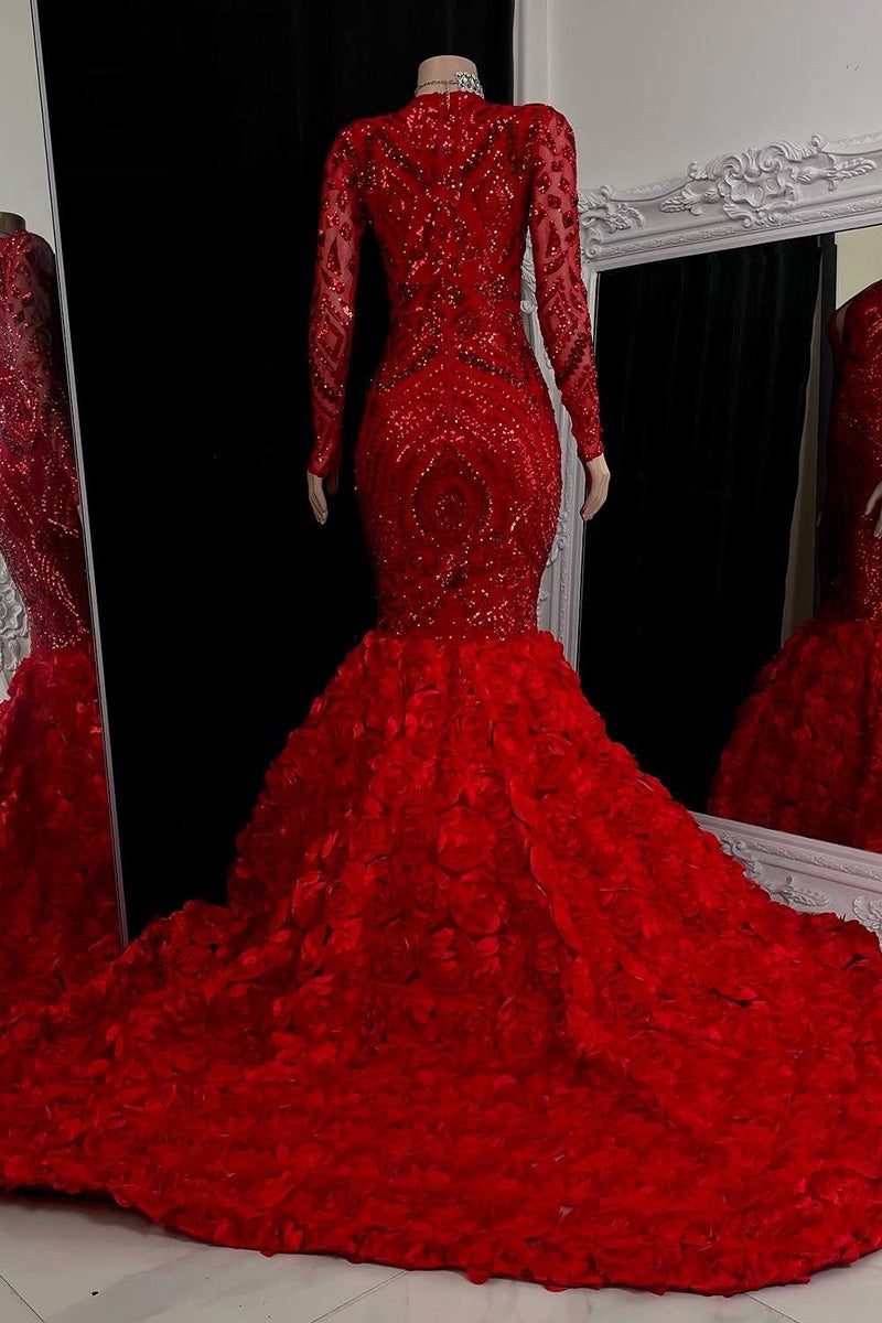 Gorgeous Long Red Mermaid V-neck Lace Prom Dress With Long Sleeves - Prom Dresses - DYAVOR®