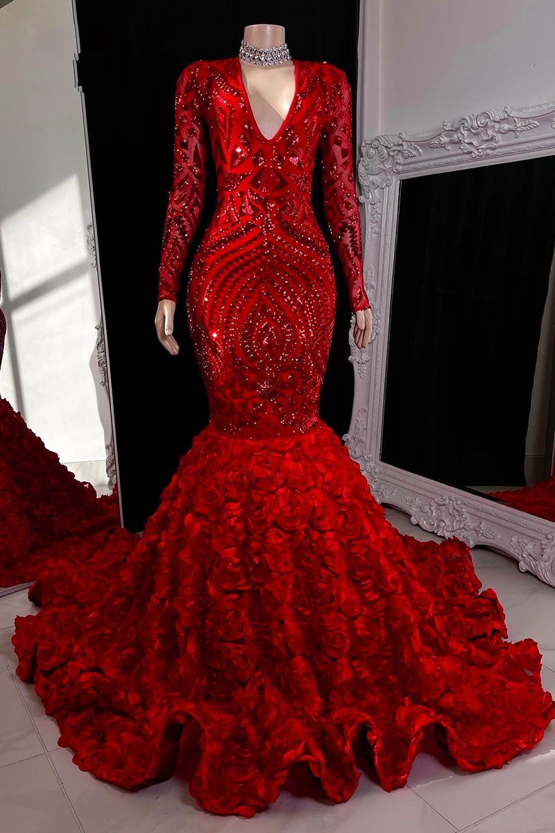 Gorgeous Long Red Mermaid V-neck Lace Prom Dress With Long Sleeves - Prom Dresses - DYAVOR®