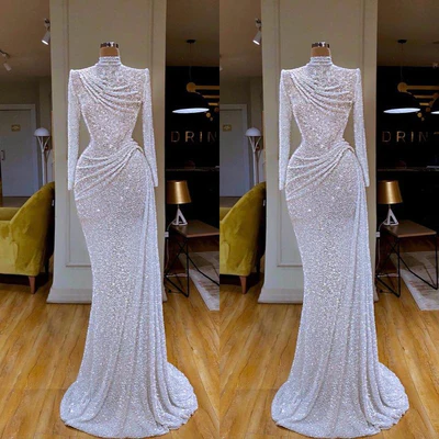 Gorgeous Long White Mermaid High Neck Sequined Prom Dress With Long Sleeves - Prom Dresses - DYAVOR®
