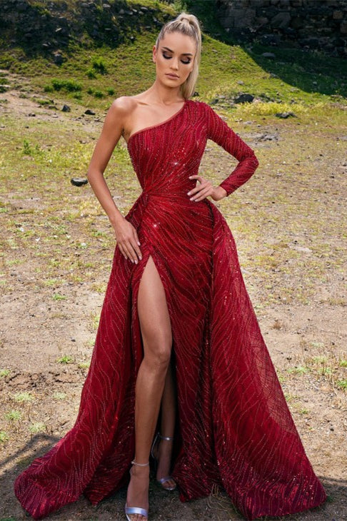 Gorgeous Red Beading One Shoulder Long A-line Prom Dress With Slit - Prom Dresses - DYAVOR®