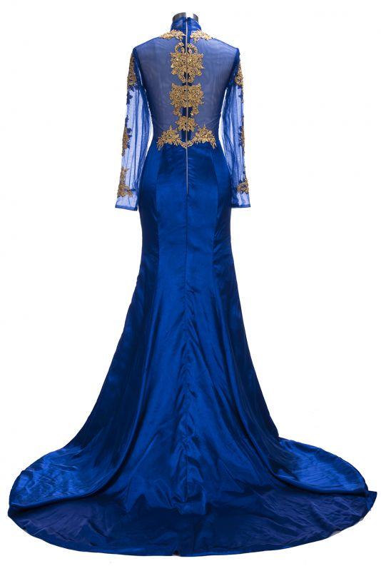 Gorgeous Royal Blue Prom Dresses | Gold Appliques Side Slit Mermaid Evening Dresses - Prom Dresses - DYAVOR®