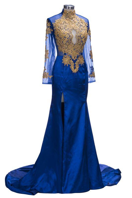 Gorgeous Royal Blue Prom Dresses | Gold Appliques Side Slit Mermaid Evening Dresses - Prom Dresses - DYAVOR®