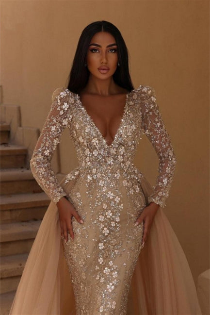 Gorgeous V-Neck Floral Mermaid Long Sleeves Wedding Dress with Detachable Train - Prom Dresses - DYAVOR®
