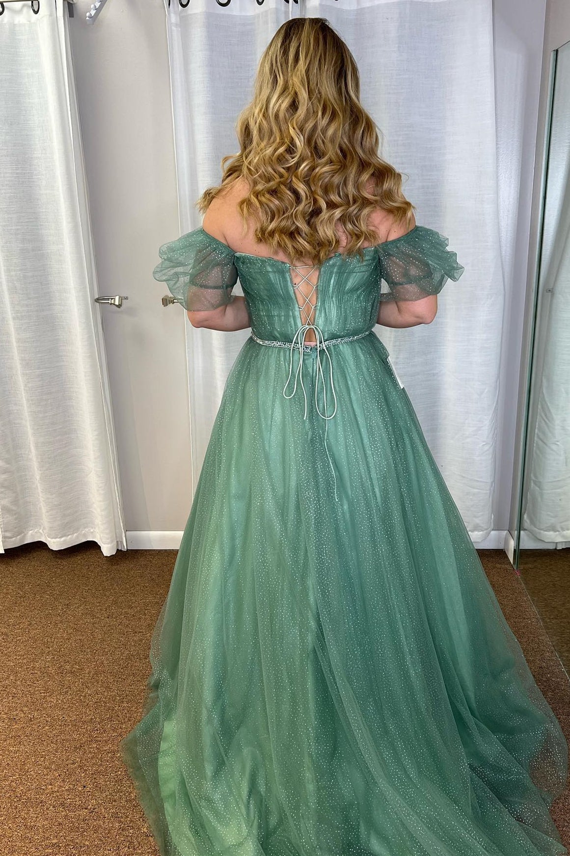 Lilyana | Sea Glass Tulle A-line V Neckline Off-Shoulder Long Prom Dress - Prom Dress - DYAVOR®