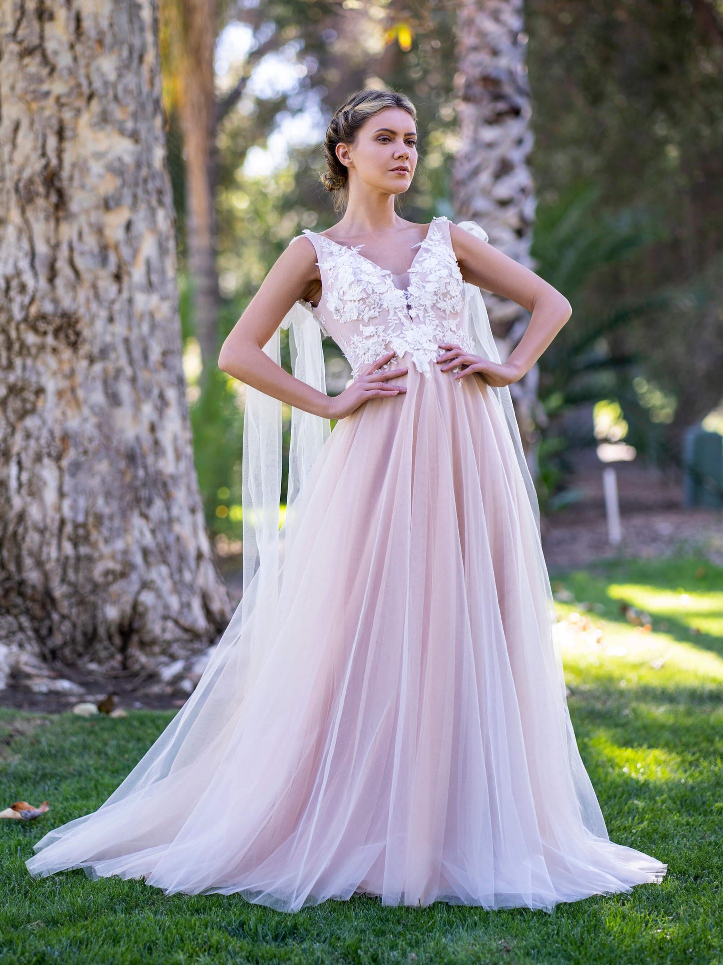 V-neck Lace Tulle Bow Straps Sweep Train Prom Dress - Prom Dresses - DYAVOR®