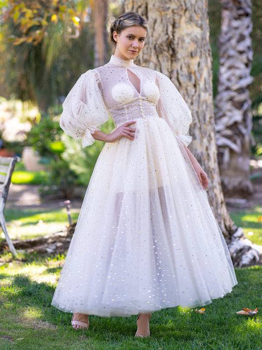 Stand Collar with Ruffle Cuffs front Slit Prom Dress - Prom Dresses - DYAVOR®