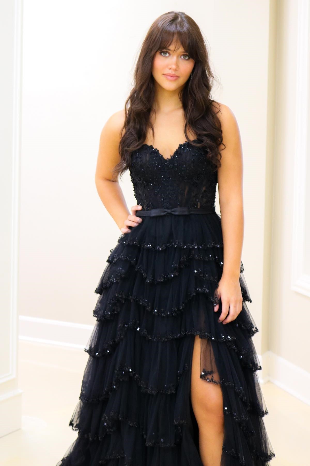 Rebekah | White Straps Floral Sequined Multi-Layers Long Prom Dress with Slit - prom dress - DYAVOR®