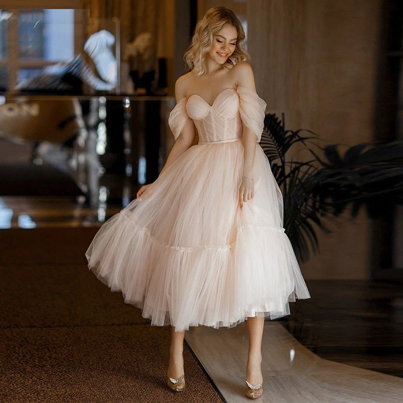 Regina |A Line Pink Tulle Tea Length Prom Dress - Prom Dress - DYAVOR®