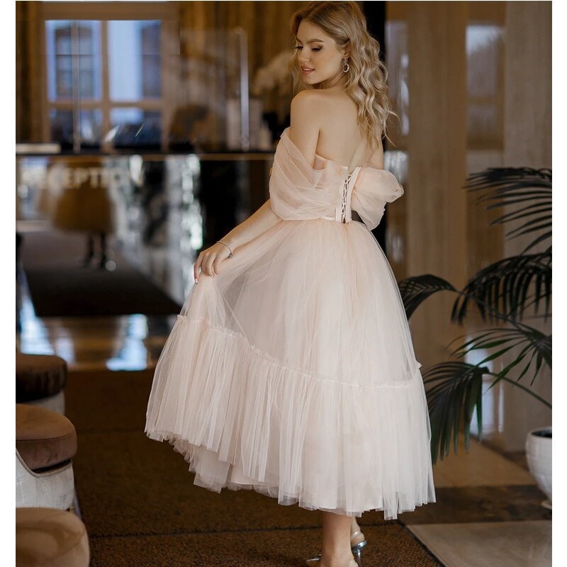 Regina |A Line Pink Tulle Tea Length Prom Dress - Prom Dress - DYAVOR®