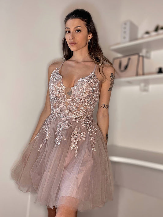 Anya | A Line Applique BlushTulle Short Homecoming Dress - Homecoming Dress - DYAVOR®
