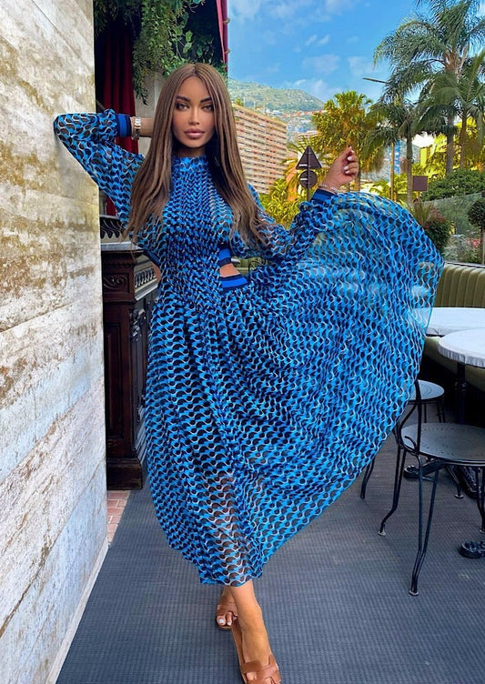 Blue Print Cut Out Waist Maxi Dress -  - DYAVOR®