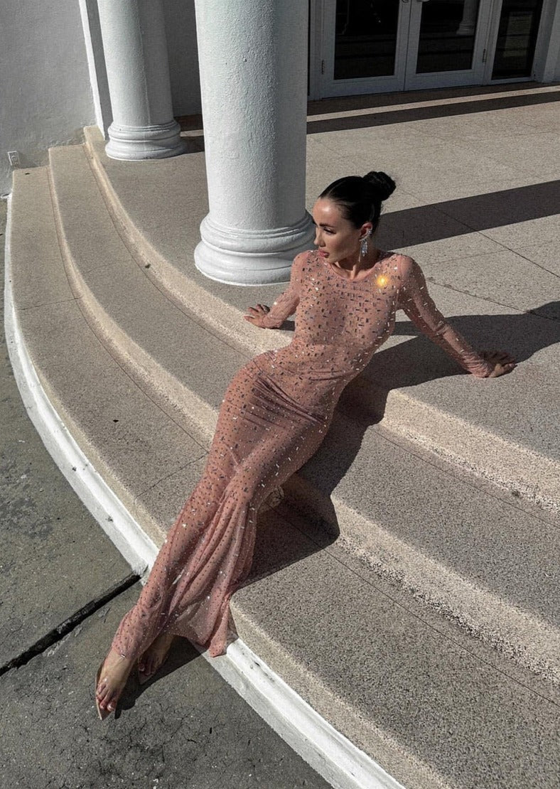 Glitzy Beige Maxi Dress - - DYAVOR®