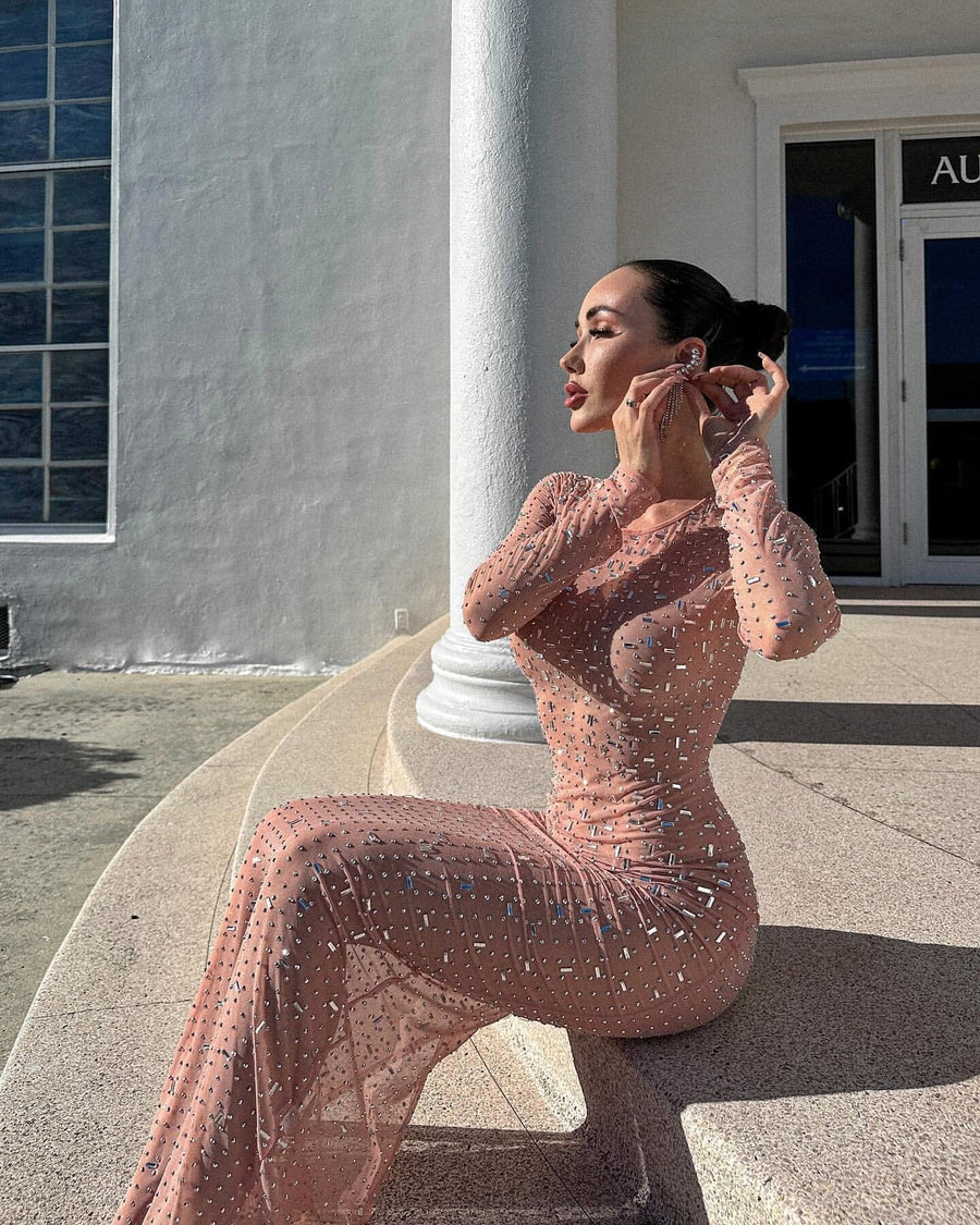 Glitzy Beige Maxi Dress - - DYAVOR®