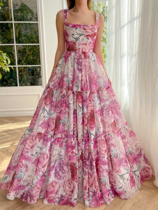 A Line Floral Pink Long Prom Dress - Prom Dress - DYAVOR®