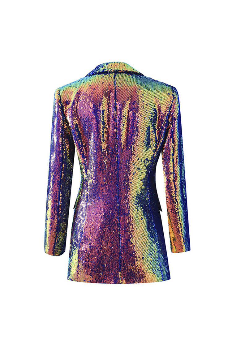 Iridescent Sequin Lapel Collar Long Sleeve Cinch Waist Metallic Party Blazer - Blazers - DYAVOR®