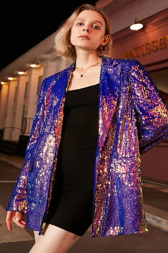 Iridescent Sequin Lapel Collar Long Sleeve Cinch Waist Metallic Party Blazer - Blazers - DYAVOR®
