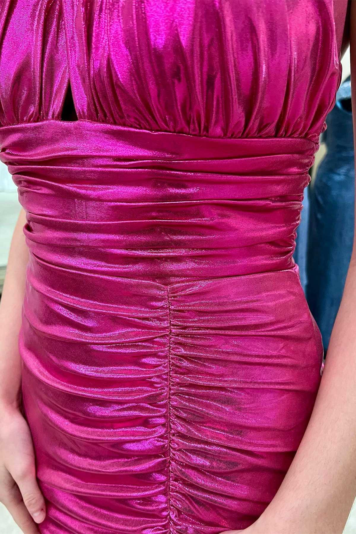 Maxine | Neon Pink Halter Ruched Short Party Dress - Prom Dress - DYAVOR®