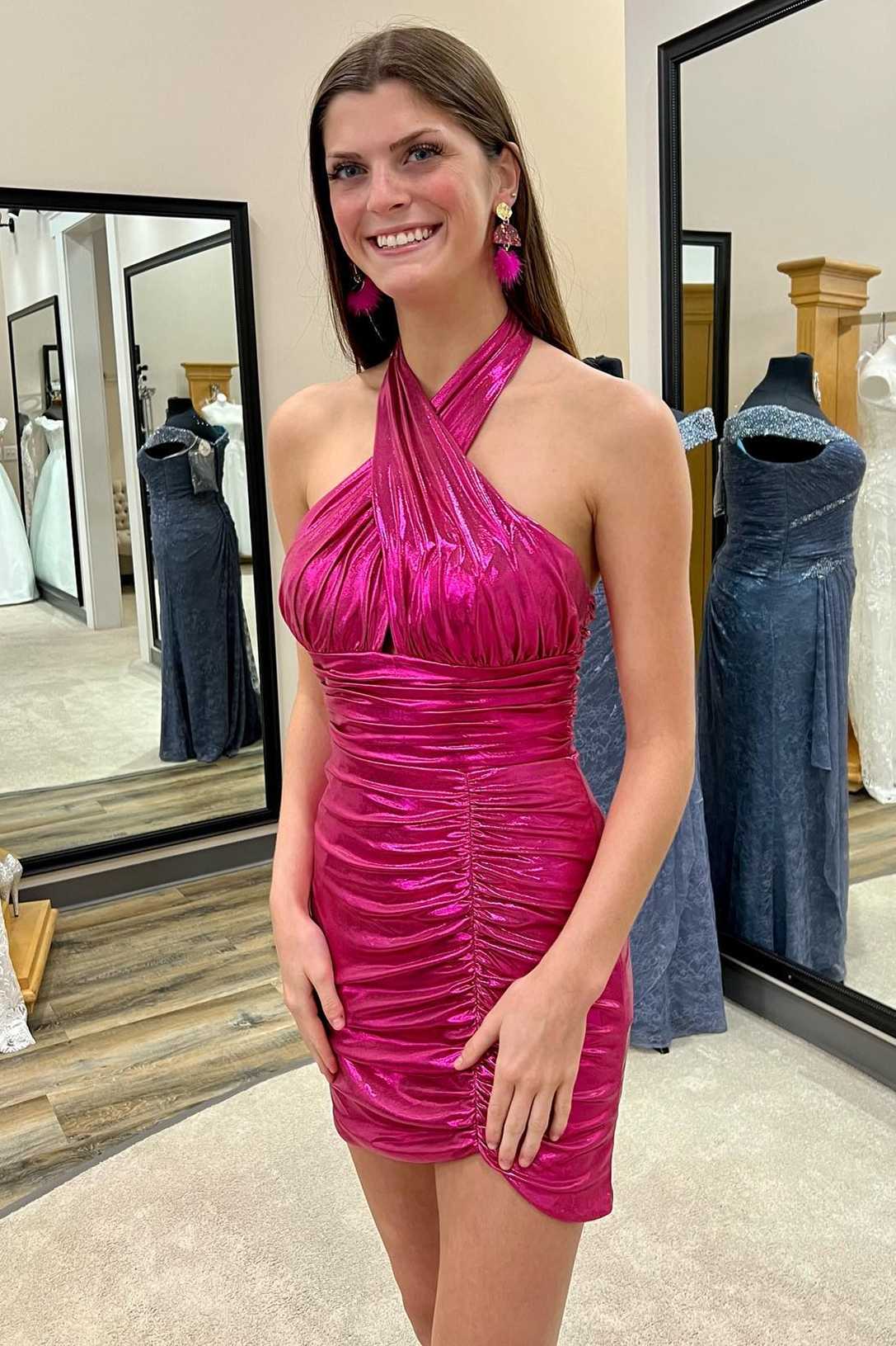 Maxine | Neon Pink Halter Ruched Short Party Dress - Prom Dress - DYAVOR®