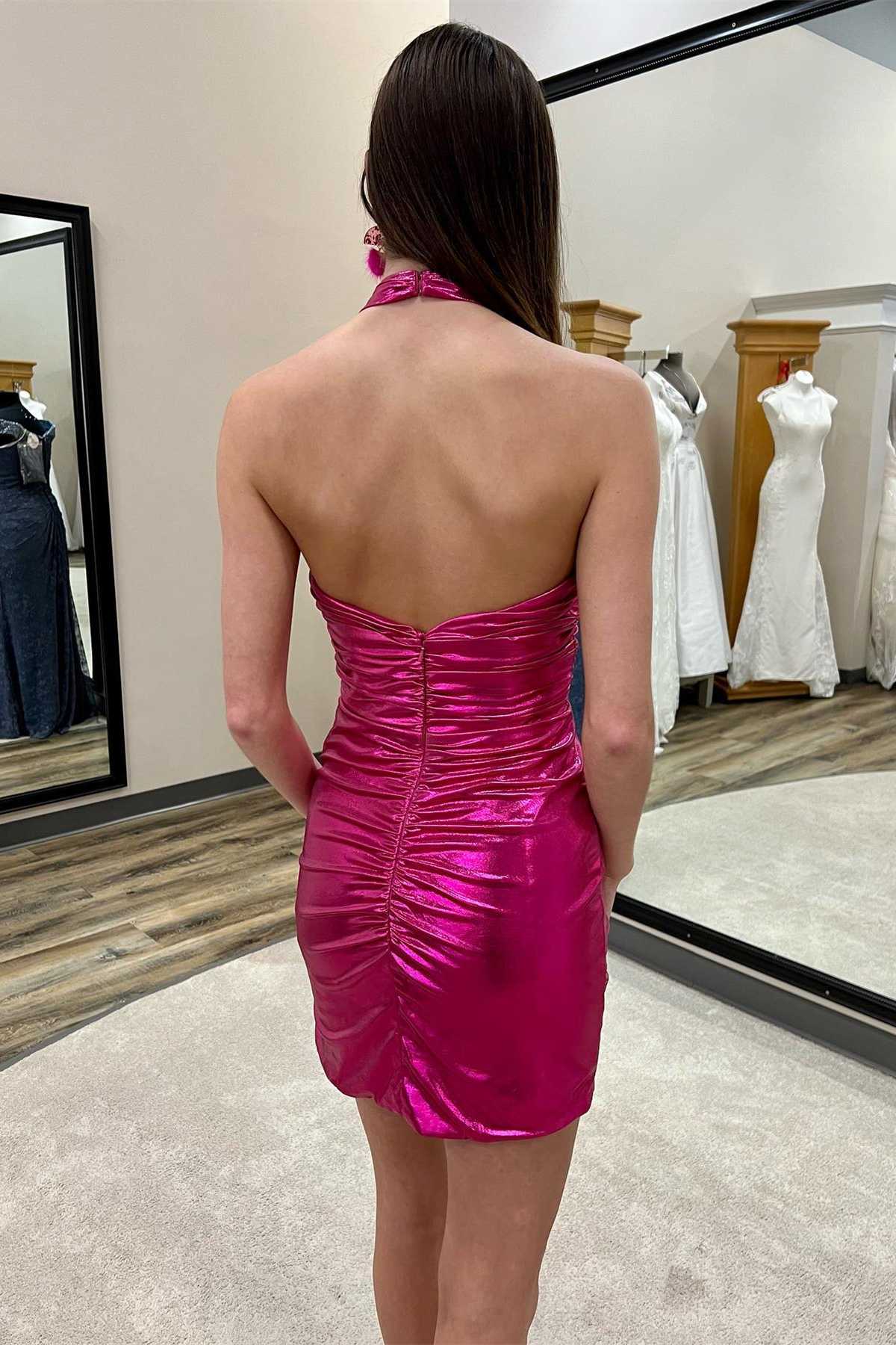 Maxine | Neon Pink Halter Ruched Short Party Dress - Prom Dress - DYAVOR®