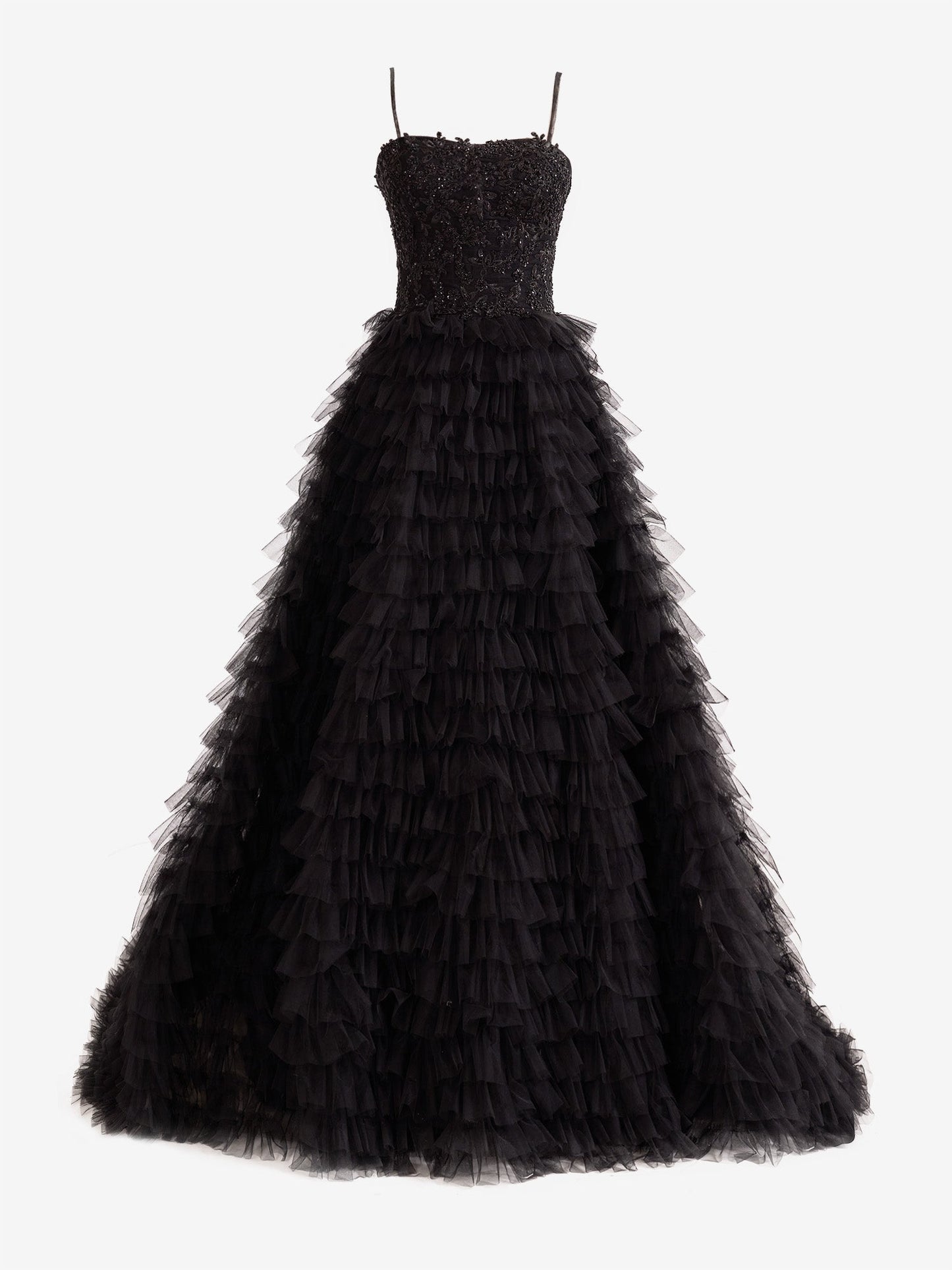 Jordan | Black A-Line Tiered Sequins Tulle Long Prom Dress - Prom Dress - DYAVOR®