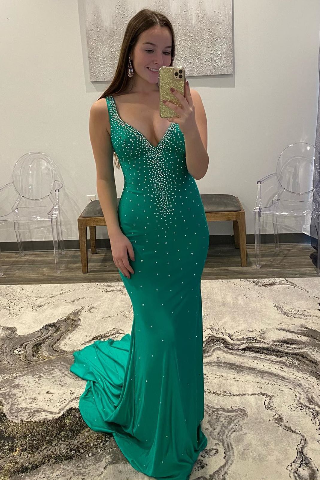 Elle |Mermaid V-Neck Beaded Satin Prom Dress with Cross Back - Prom Dress - DYAVOR®