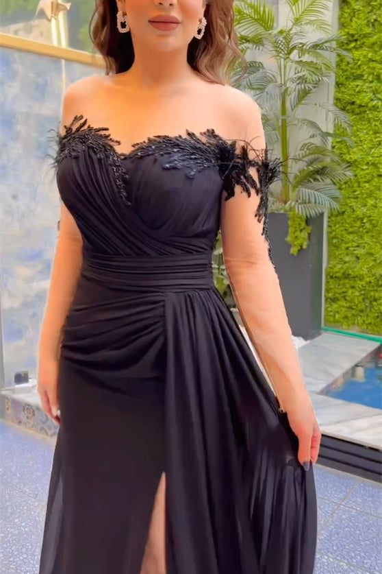 Elegant Long Black Mermaid Chiffon Lace Beading Long Sleeves Prom Dress With Slit - Prom Dresses - DYAVOR®
