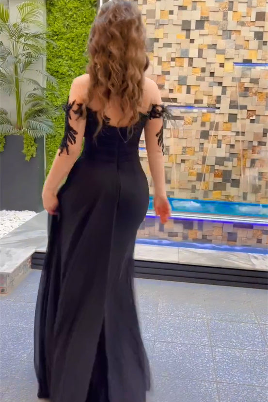 Elegant Long Black Mermaid Chiffon Lace Beading Long Sleeves Prom Dress With Slit - Prom Dresses - DYAVOR®