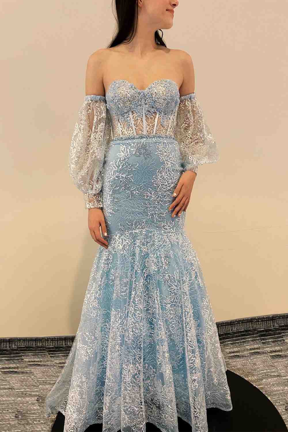 Peach Sweetheart Sheer Lace Corset Mermaid Prom Dress - prom dress - DYAVOR®
