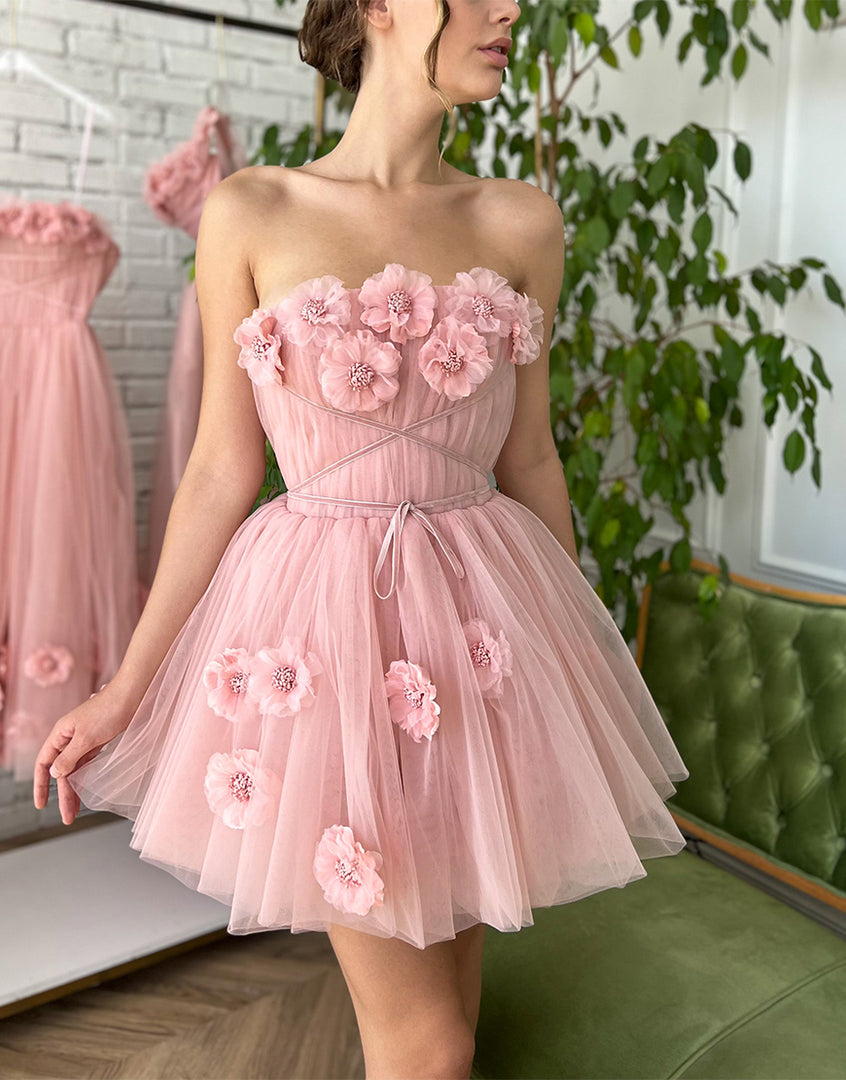 Iris |A-line Short Homecoming Dress with Handmade Flowers - Homecoming Dress - DYAVOR®