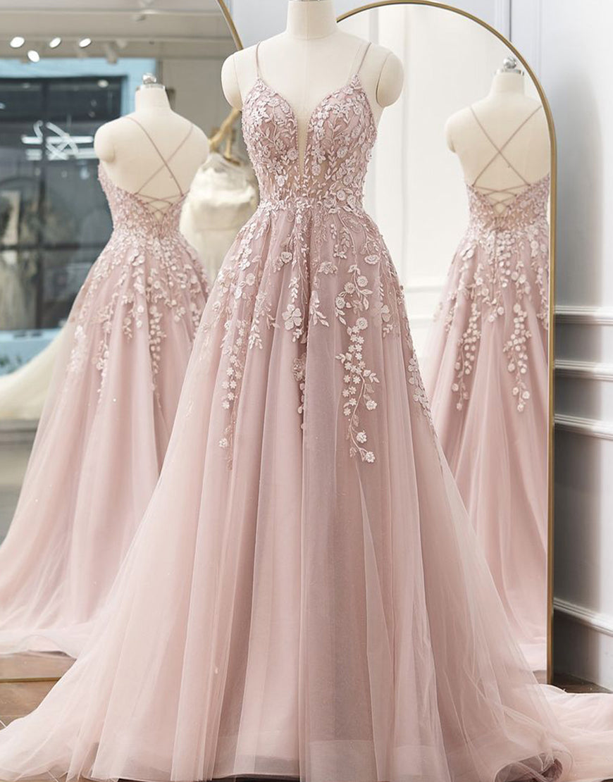 Frances |A-line Spaghetti Straps Tulle Prom Dress with Appliques - Prom Dress - DYAVOR®